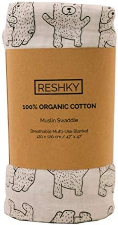 Reshky Organic Muslin Cotton Swaddle Blanket - Bear Pattern