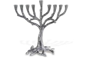 Aviv Judaica Art Deco Candle Menorah Rustic Silver Finish Tree of Life Chanukkiah Fits Standard Chanukah Candles - Collectible Artistic Menorah for Judaic Display