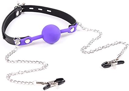 Soft Purple Silicone Mouth Gag Ball Gags with Lock Key and Chain Nipple Clamps Clamps Adjustable Role Game Play