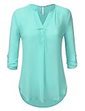 JJ Perfection Women's Solid Woven 3/4 Sleeve V-Neck Chiffon Blouse Top