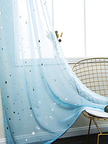 AmHoo Sheer Curtain Foil Print Sliver Star Pattern Semi Voile Sheer Curtain Panel Grommet Top Panels Set of 2 for Living Bedroom Window Treatment (Blue, 52 x 63 Inch)
