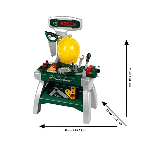 Theo Klein 8612 Bosch Werkbank Junior 2+ | Inkl. Helm, Schraubstock, Werkzeugen, Latten, Nägel, Schrauben und Muttern | Maße: 49 cm x 29 cm x 71 cm | Spielzeug für Kinder ab 2 Jahren – Bild 5