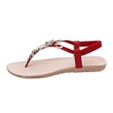 Fashion Brand Best Show Women's Summer Style Elastic T-strap Bohemia Beaded Owl Flat Sandals (9 B(M) US, Red)