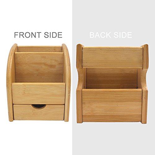 TV Remote Control Holder Caddy, Bamboo Desktop Office Supplies Storage Box Organizer With 2 Compartments 1 Drawer (Natural Bamboo) - Thumbnail 6