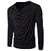 Cottory Men's Pure Colour Hipster Hiphop Holes Design Hem Heaps Collar Long Sleeve T-shirt