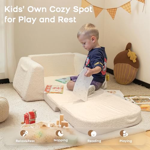 BanaSuper 2-in-1 Convertible Children's Sofa Bed, Folding Armchair for Babies, Armchair for Children, Widened Base, Removable Washable Cover, Gift for Boys Girls in Yellowish Beige