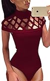 Angashion Women Sexy Sheer Caged Short Sleeve Bodysuit Jumpsuit Clubwear Tops