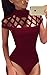 Angashion Women Sexy Sheer Caged Short Sleeve Bodysuit Jumpsuit Clubwear Tops,Wine Red,US 2/Tag S