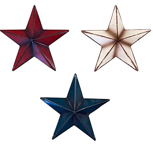 Clovers Garden 6” Metal Barn Stars (Set of 3) Red, White, Blue Star Wall Decor Rustic Farmhouse Hanging Patriotic Texas Star, Indoor Outdoor American Vintage Wall Art Decoration