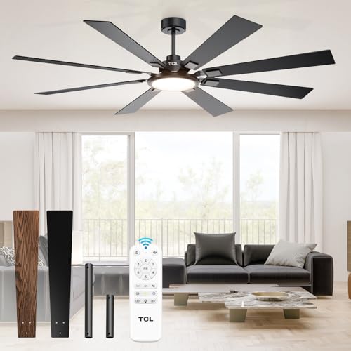 TCL Ceiling Fans with Lights and Remote: 8 Blades, Quiet Reversible DC Motor, Dimmable Super Bright LED, Noiseless Large Modern Fan for Room, Outdoor, Commercial and Industrial Use (Black, 72 Inch)