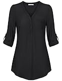Messic Womens V-Neck Blouses 3/4 Roll-Up Sleeve Button Down Casual Woven Shirt