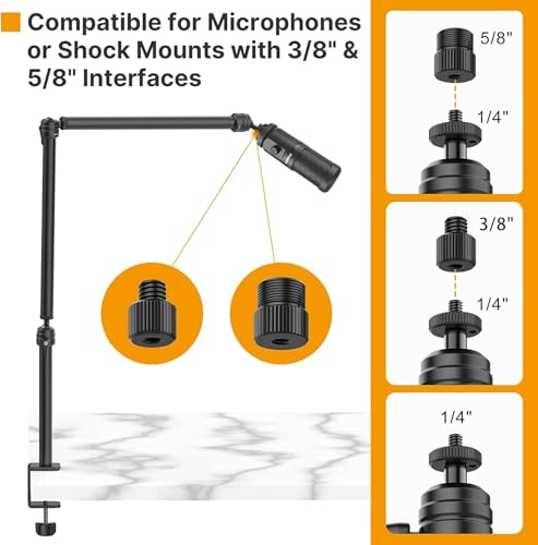 VIJIM LS08 Overhead Camera Desk Mount Stand, Flexible Webcam Stand Microphone Boom Arm, 360° Rotation Tabletop Aluminum C-Clamp, Standard ¼ ⅜ ⅝ Screw for DSLR Camera, Microphone & Webcam