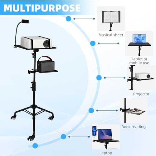 CENXI Laptop Tripod on Wheels with 2 Shelves, Portable Projector Floor Stand Adjustable Height 24 to 59 Inch with Phone Holder