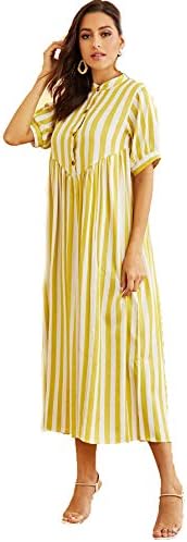 SheIn Women's Summer Casual Balloon Striped Button Down Short Sleeve High  Waist Maxi T-Shirt Dress Yellow X-Large price in UAE | Amazon UAE | kanbkam