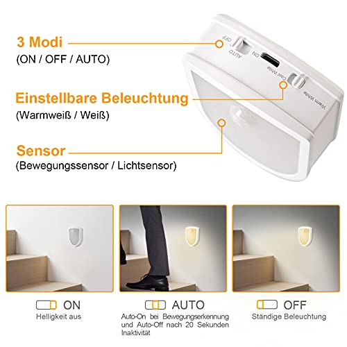 SOLIDEE 2 Stück LED Nachtlicht mit Bewegungsmelder Innen Warmweiß /Weiß Farbe Einstellbar und 3 Modi (Auto / ON / OFF) Schranklicht Für Kinderzimmer Schlafzimmer Badezimmer Flurleuchten
