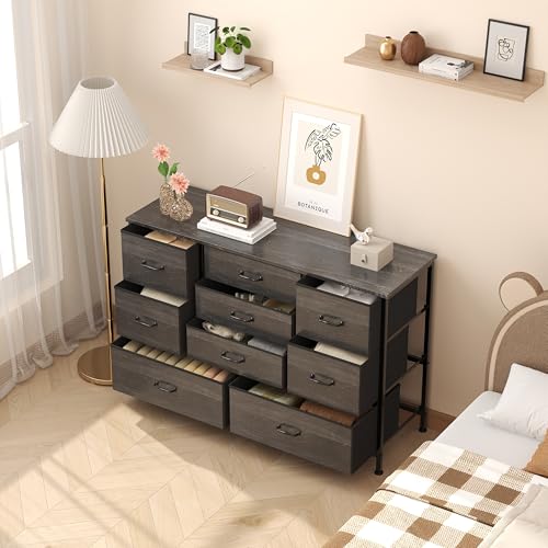 Flrrtenv Tall 9 Drawers Dresser Storage with Wood Top, TV Stand, Fabric Wide Storage Tower, Sturdy Steel Frame Storage Organizer Fit for Bedroom, Living Room, Hallway, Entryway, Closets, Black Oak