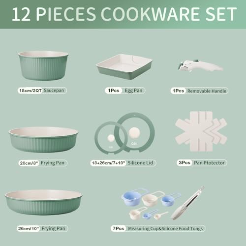 KOCH SYSTEME CS 12 Piece Non stick Ceramic Cookware Set, Pots and Pans Set with Detachable Handle, Induction Kitchen Cookware Sets, Cooking Pan Set with Removable Handle, RV Cookware Set, Green