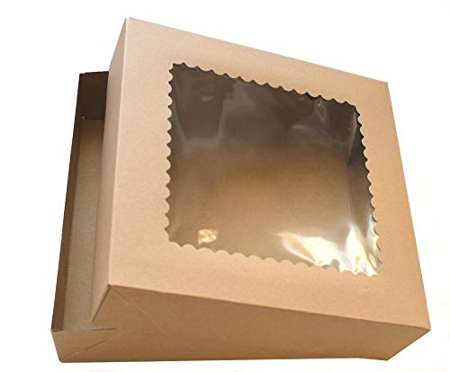 Bakery Boxes with Clear Window (Pack of 10) - 10" x 10" x 2 1/2" - Brown Kraft Paper Box for Pie, Cookies, Cake, or Cupcakes - Superior Quality