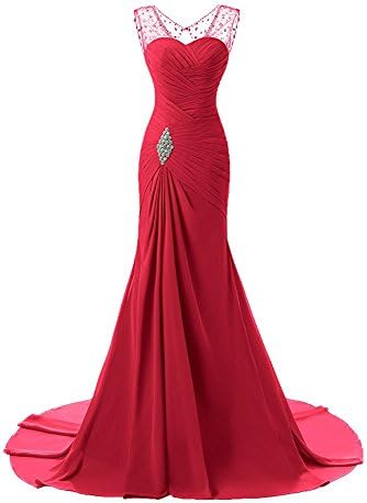 GURNALL Sweetheart Mermaid Bridesmaid Dress Chiffon Beaded Sweep Train Evening Prom Gown Red Size 24W