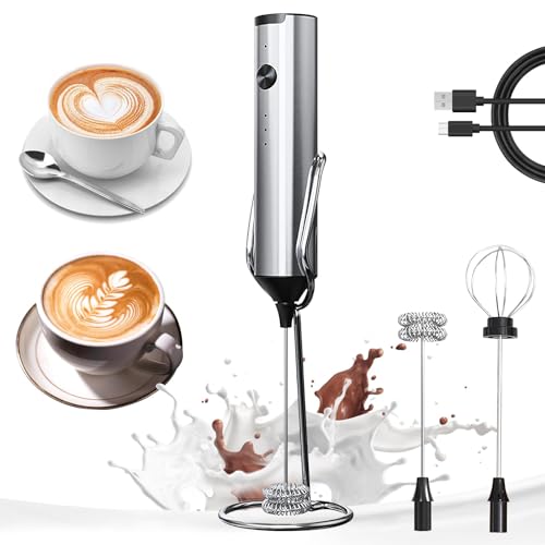 Electric Milk Frother Handheld, Rechargeable 3-Speed Mini Frother Wand with 2 Whisks Stand Portable Stainless Steel Stirrer for Coffee Latte, Cappuccino Hot Chocolate Protein Shakes Matcha