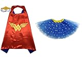 Superhero or Princess TUTU, CAPE, MASK SET COSTUME - Kids Childrens Halloween (Wonder Woman - Blue Star Yellow)