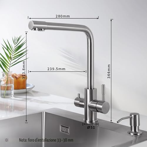 CECIPA PURE-I 3 Way Kitchen Tap with Two Water Outlets: Filtered Water and Hot/Cold Water - 360° Swivel Spout Brushed 304 Stainless Steel