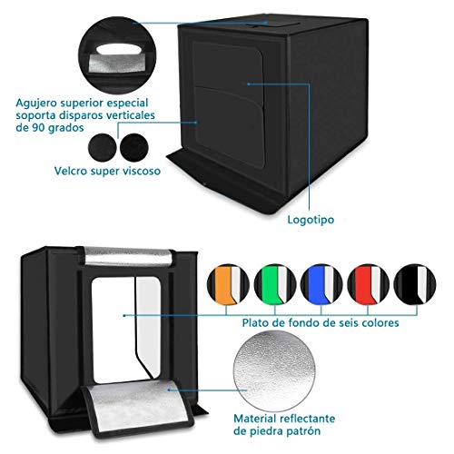 Juego de Estudio Fotográfico Portátil 60x60x60cm, Caja de Luz con Asa y Luz Regulable de 120 LED para Fotografía con 6 Fondos de Colores - Alta Calidad con Certificado (Set Estudio Fotográfico)