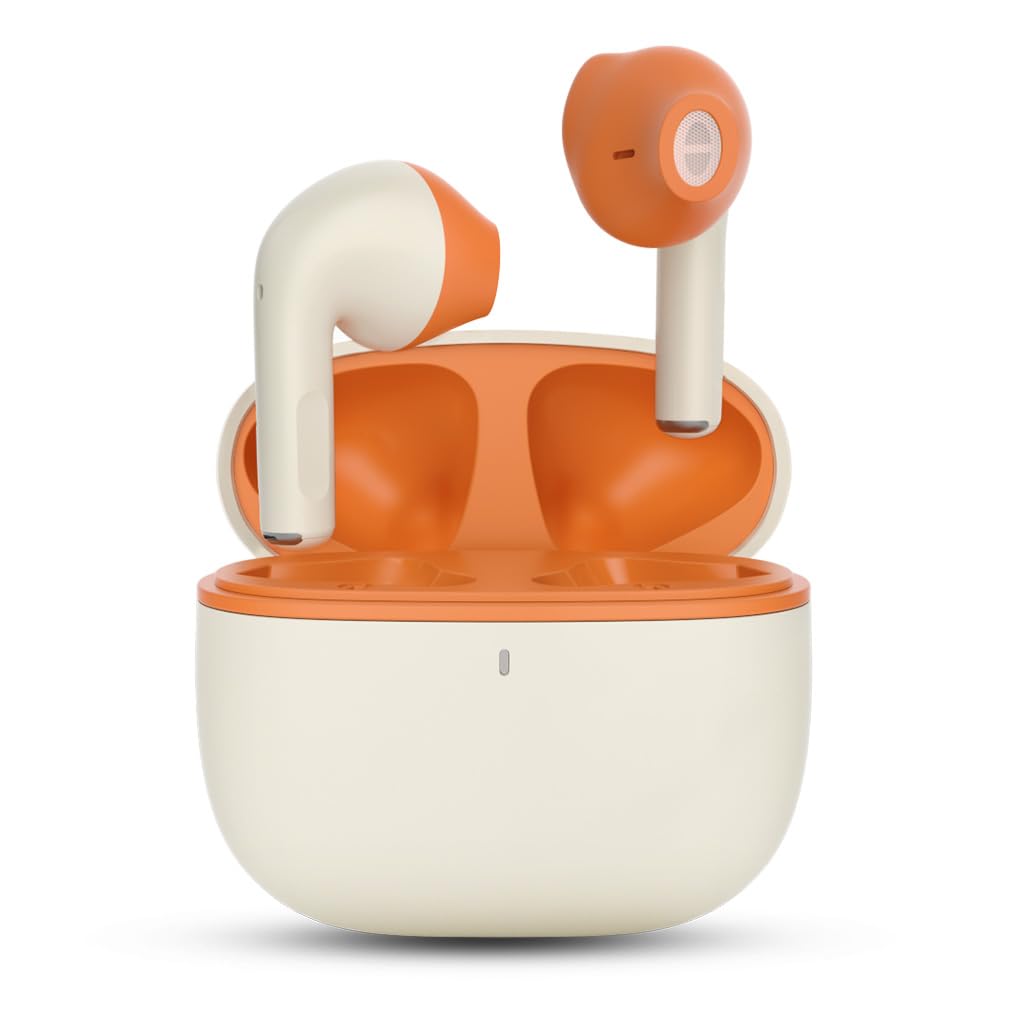 Avantalk Clan K1 - Wireless Earbuds with Built-in Controls, Semi-in-Ear Bluetooth Headphones for Comfortable Wearing, Small & Portable Design, Orange & Beige