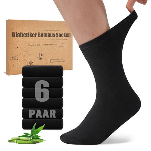 Niorasen Bamboo Diabetic Socks, 6 Pairs, without Elasticated Cuffs, Seamless, Bamboo Socks, Doctor Socks, Health Socks with Comfort Cuffs for Men and Women
