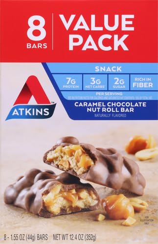ATKINS CARAMEL CHOCOLATE NUT ROLL SNACK BAR, PROTEIN SNACK, HIGH IN FIBER, 2G SUGAR, 8 COUNT