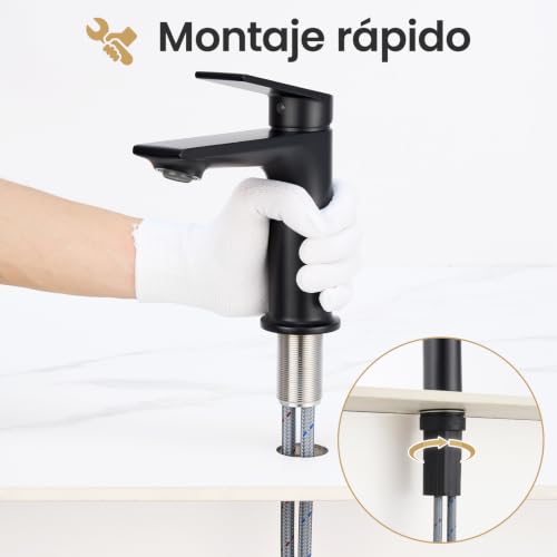 CECIPA Bathroom Sink Faucet Lead-Free Spout Height 11cm | Removable Flow Regulator with Flow Limiter, Water and Energy Saving, No Joystick, Black Finish