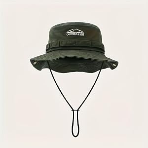 Outdoors Mountain Embroidery Bucket Hat, Wide Brim Windproof Fishing Sun Hat with Chin Strap for Men Women