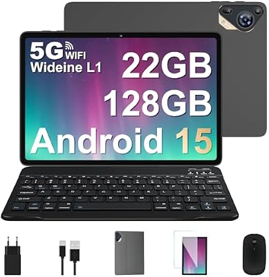 Tablet Android 15 de 10 polegadas com Gemini AI, 22GB de RAM + 128GB de ROM (expansível 2TB), Tablet com teclado e rato, Widevine L1, WiFi 5G, bateria de 8000mAh, ecrã HD IPS, corpo metálico – cinzento espaço