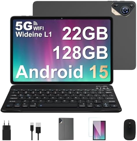 Tablet 10 Pulgadas Android 15 con Gemini AI, 22GB RAM + 128GB ROM (Ampliable 2TB), Tablet con Teclado y Ratón, Widevine L1, WiFi 5G, Batería 8000mAh, Pantalla IPS HD, Cuerpo Metálico – Gris Espacial