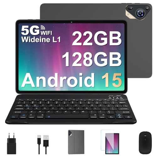 Tablette 10 Pouces Android 15 avec Gemini AI, 22 Go RAM+ 128 Go ROM (Extensible 2 to), Widevine L1, Octa-Core, 8000 mAh, WiFi 5G, GPS, Corps métallique, Clavier/Souris Inclus – Gris