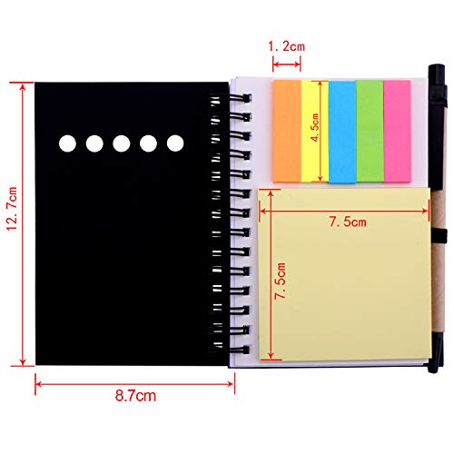 Maxdot 4 Pieces Kraft Paper Steno Pocket Business Notebook Spiral Lined Notepad Set with Pen in Holder, Sticky Colored Notes Page Marker Tabs (Black Cover)