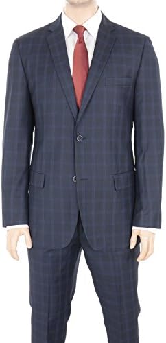 Zonettie Regular Fit Navy Blue Windowpane Two Button Suit