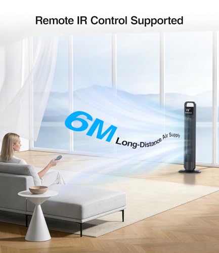Ventilatore a Torre 91cm, Ventilatore a Piantana con 4 Velocità, Oscillazione 70°, Timer 1-12h, Telecomando 5m, Silenzioso (<60dB), LED Touch, Simula Vento Naturale – per Camera, Soggiorno, Ufficio