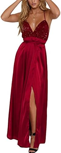 Yimeili Women's Sexy Deep V Neck Backless Split Maxi Cocktail Long Party Dresses (S, Wine Sequin)