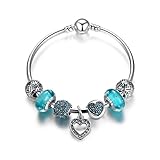 Presentski Charm Bangle with Silver Plated Charms Glass Beads and Heart Pendant for Girls Women