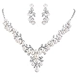 EVER FAITH Women's Crystal Simulated Pearl Leaf Vine Necklace Pierced Earrings Set Clear Silver-Tone