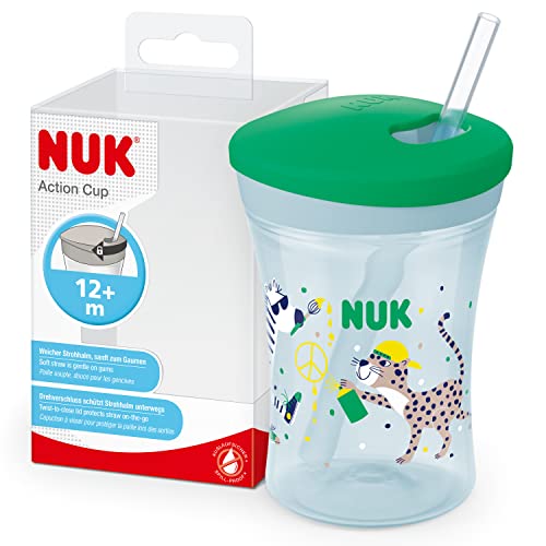 Action Cup bicchiere con cannuccia per bambini | 12+ mesi | Coperchio con chiusura ad avvitamento e cannuccia morbida | A prova di perdite | Senza BPA | 230ml | leopardo verde