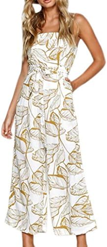 Hot Sale! Leedford Women Ladies Leaves Printing Sleeveless Long Playsuits Wide Leg Rompers Jumpsuit (M, Yellow)