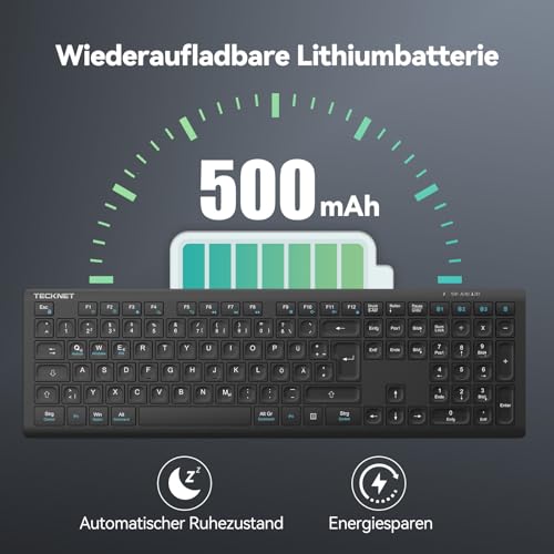 TECKNET Bluetooth Keyboard, Wireless, Rechargeable Multi-Device Flat Keyboard with Simple up to 4 Devices, Ultra Slim, German Layout (QWERTZ), for Mac, Windows, iOS, Chrome OS Black