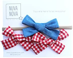 Beautiful, stylish and comfortable hair bow set of 2 Alligator Clip Hair Bows + 1 Headbands with Soft Nylon for Girls and Baby girls. (Red / Blue)