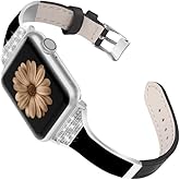 Slim Leather Band Compatible with Apple Watch Band Women 38mm 40mm 41mm 42mm 44mm 45mm 46mm 49mm (Ultra/Ultra 2)), Genuine Leather with Bling Bracelet for iwatch Band Series 10/9/8/7/6/5/SE/4/3/2