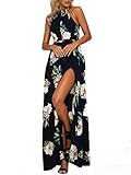 MISSLOOK Women's Bohemian Halter Sleeveless Floral-Print Split Summer Maxi Dress - Navy Blue S
