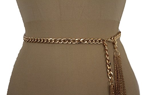 TFJ Women Fashion Belt Gold Metal Chain Links Hip High Waist Long Fringes M L