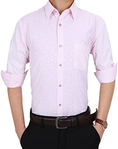 QIHUANG Mens Slim Fit Long Sleeve Dress Shirt (Small, Pink)