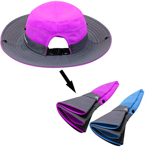 Geyoga 2 Pack Sun UV Protection Hat Mesh Wide Brim Sun Hat Outdoor Foldable Beach Hiking Fishing Summer Hat 56-58 cm (Purple and Blue)